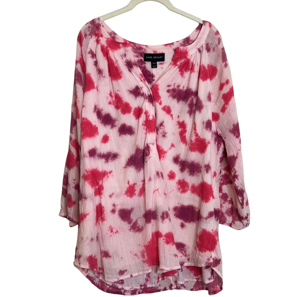 Lane Bryant Womens Gauze Blouse Size 18/20 Pink Tie-Dye Balloon Sleeve Popover